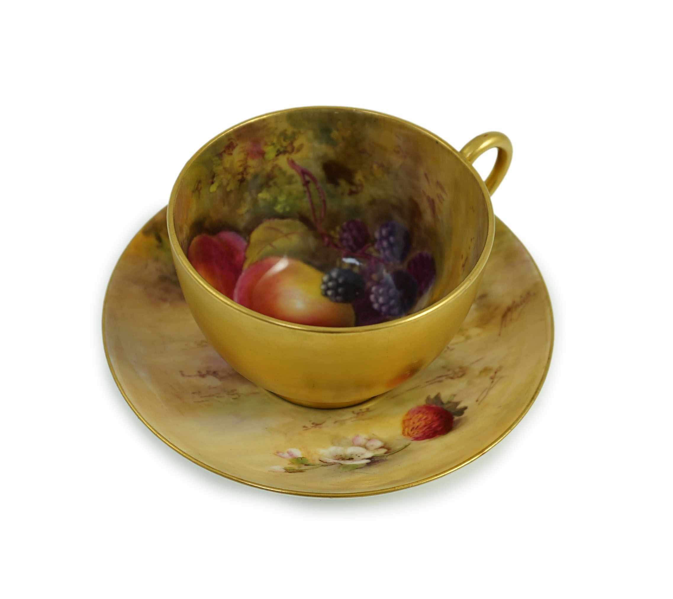 A Royal Worcester fruit painted tea cup and saucer, date code for 1925/6